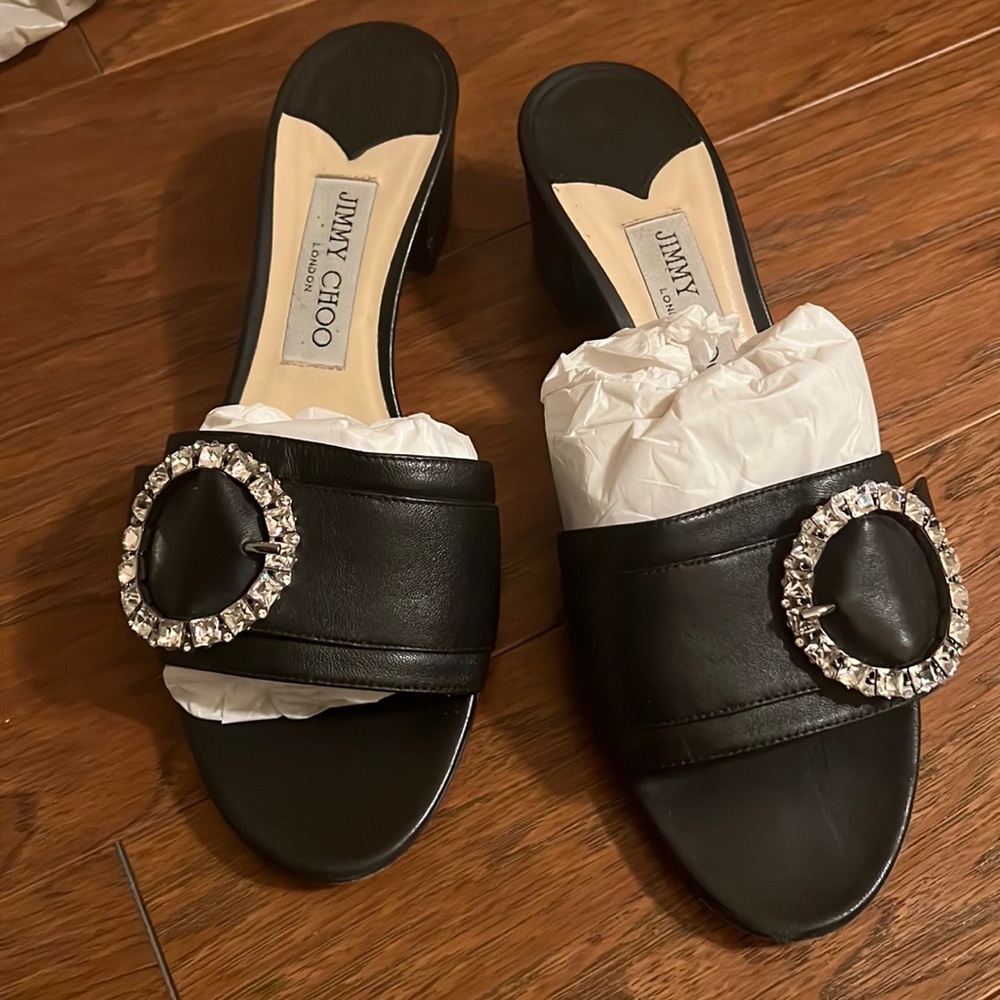 Jimmy choo granger leather sandals with crystal buckle